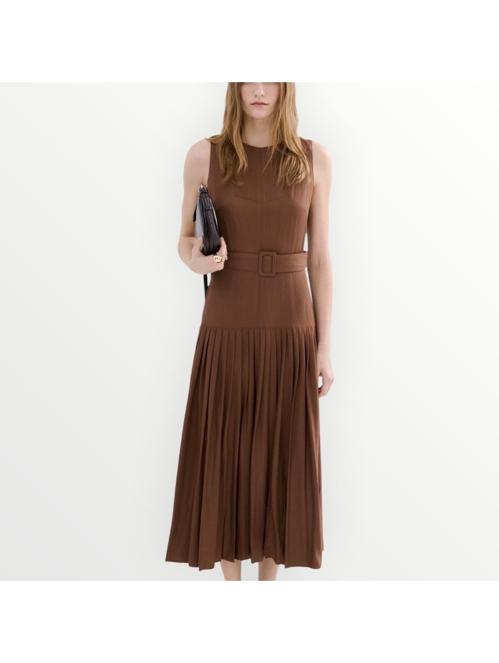 Mango brown sleeveless belted pleated midi dress NWT